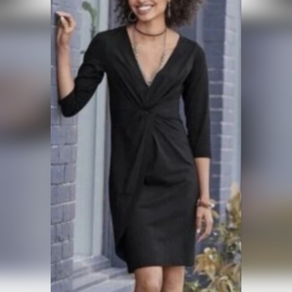 Sundance Faux Wrap V-Neck Dress Womens SP Black 3/4 Sleeve V-Neck Stretch